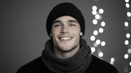 A cheerful young man wearing a black beanie and scarf smiles warmly. His bright expression is set against a background of soft bokeh lights, creating a cozy, festive atmosphere.の素材