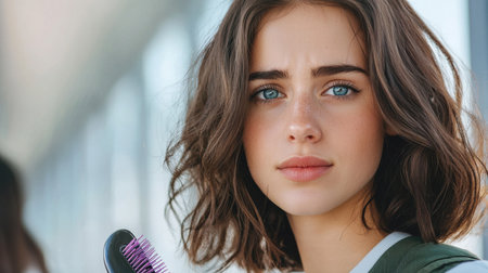 A young woman showcases her wavy hair while holding a hairbrush, exuding confidence and beauty in a bright, modern setting. Ideal for beauty and lifestyle themes.の素材
