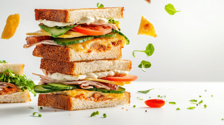 A vibrant arrangement of freshly stacked sandwiches showcasing colorful ingredients, perfect for highlighting healthy meal options and appetizing visuals.の素材