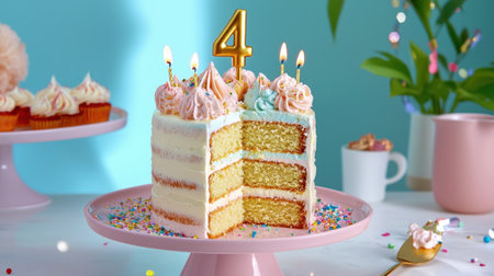 A beautifully layered birthday cake perfect for a four-year-old's celebration. Featuring colorful frosting and candles, this cake adds joy to any festive occasion.の素材