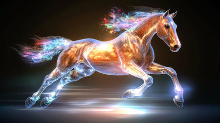 A striking digital artwork depicting a horse in dynamic motion, surrounded by vibrant light trails. This piece captures the essence of speed and energy.の素材