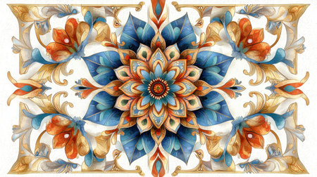 This vibrant mandala design features intricate floral patterns in blue and orange, creating a harmonious and elegant visual experience perfect for various creative projects.の素材
