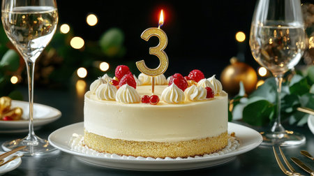 A beautifully decorated celebration cake featuring a number three candle, adorned with fresh raspberries and cream, perfect for birthday parties and family gatherings.の素材