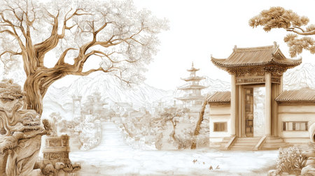 This artwork showcases a serene Asian landscape featuring traditional architecture, mountains, and trees, creating a peaceful and harmonious atmosphere.の素材