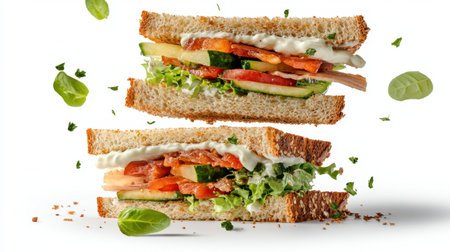 A mouth-watering vegetable sandwich featuring layers of fresh tomatoes, cucumbers, and crisp lettuce, all nestled between slices of whole grain bread and creamy mayonnaise.の素材