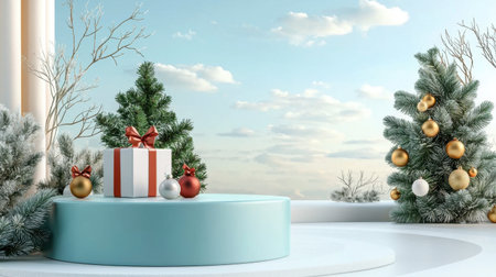 A stunning winter scene featuring beautifully decorated Christmas trees and a gift box, creating a joyful and festive atmosphere perfect for holiday-themed projects.の素材