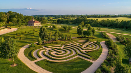 Explore the exquisite aerial view of a maze nestled in a vibrant green park, showcasing intricate patterns and pathways that invite exploration and relaxation.の素材