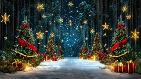 A stunning, serene Christmas pathway adorned with beautifully decorated trees, twinkling stars, and glowing lights creates a magical holiday atmosphere perfect for festive celebrations.の素材