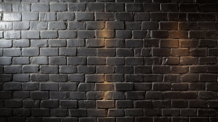 A stunning dark brick wall featuring unique textures and subtle lighting effects, perfect for use in interior designs, photography backdrops, or artistic settings.の素材