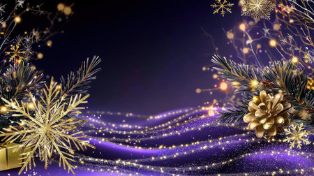 Beautiful purple and gold background featuring snowflakes and pine elements. Perfect for holiday themes, invitations, and festive events during winter celebrations.の素材