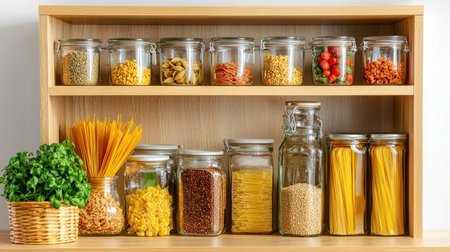 Bright and organized pantry shelf featuring jars filled with grains, pasta, vegetables, and herbs. Perfect for showcasing kitchen organization and freshness.の素材