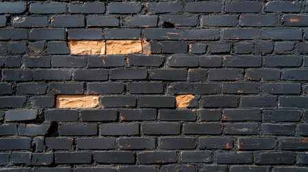 A close-up view of a weathered black brick wall displaying exposed orange sections. The contrast of colors and textures adds an urban, industrial feel to the background.の素材
