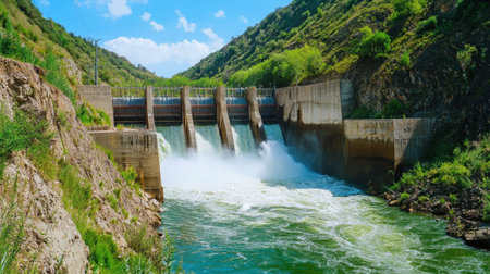 A hydro dam showcases a powerful water release, surrounded by stunning green hills and clear blue skies, emphasizing the beauty of nature and engineering harmony.の素材