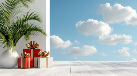 This serene image features beautifully wrapped gifts in red and white beside a lush green plant, set against a bright blue sky with fluffy clouds. Perfect for holiday themes.の素材