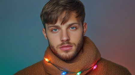 A young man poses with colorful lights on a cozy sweater, showcasing a charming expression. This festive portrait captures the warmth and joy of the holiday season.の素材