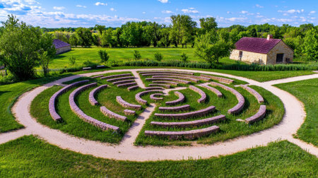 A stunning aerial view of a peaceful outdoor labyrinth nestled in a lush green setting. The stone pathways invite exploration and meditation, surrounded by nature.の素材