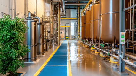 A modern industrial facility featuring large storage tanks, advanced machinery, and a clean, organized workspace, ideal for manufacturing and processing operations.の素材
