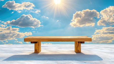 A simple wooden bench sits under bright sunlight with fluffy clouds overhead, creating a tranquil outdoor space perfect for relaxation and enjoying nature.の素材