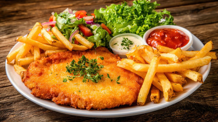 A mouth-watering plate featuring a crispy fried chicken cutlet served with golden fries, fresh salad, and various dipping sauces, perfect for any meal.の素材
