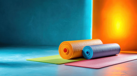 Brightly colored yoga mats arranged on a vibrant background, perfect for promoting fitness, wellness, and relaxation. Ideal for gym and studio settings.の素材