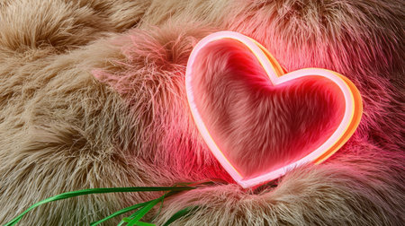 A captivating neon heart light rests on a soft fur background, creating a warm and cozy atmosphere perfect for romantic settings or modern decor.の素材