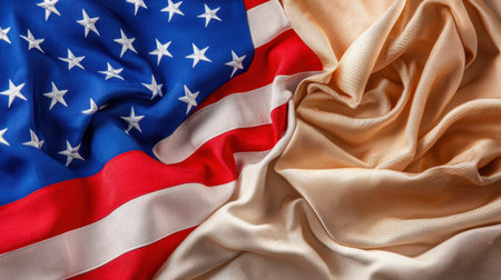 A vibrant American flag beautifully draped with soft cream fabric, showcasing a striking contrast. Perfect for themes of patriotism and celebration.の素材