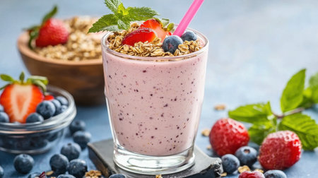 A vibrant berry smoothie topped with granola, fresh mint, and strawberries, perfect for a healthy breakfast or refreshing snack. Refreshing and delicious!の素材