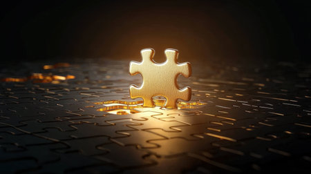 A solitary golden puzzle piece rests amidst a dark surface, illuminated by a soft light. This image symbolizes mystery and the search for completion in various contexts.の素材
