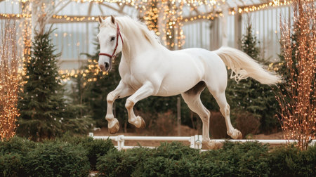 A majestic white horse leaps gracefully in an enchanting scene filled with twinkling holiday lights, capturing the beauty and energy of the moment.の素材