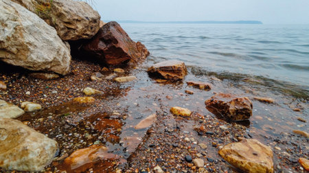 A serene shoreline showcases a collection of pebbles and rocks along the gentle waves. The tranquil water reflects the calm environment, creating a perfect getaway for nature lovers.の素材