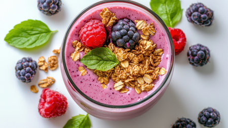 A vibrant bowl of fresh berry smoothie topped with granola and mint leaves. Perfect for a healthy breakfast or a nutritious snack packed with flavor and nutrients.の素材