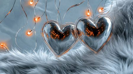 Two silver heart ornaments reflect warm lights against a soft fur background. This cozy decoration creates a romantic and festive atmosphere for holidays.の素材