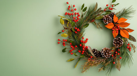 A beautiful holiday wreath featuring pinecones, vibrant red berries, and organic greenery against a soft green background, perfect for festive decoration.の素材