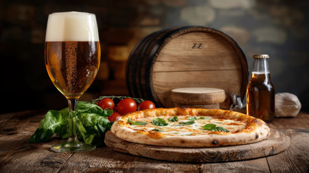 A mouthwatering pizza paired with a cold beer creates a perfect meal scene. Fresh tomatoes and spinach enhance the rustic setting. Perfect for food lovers!の素材