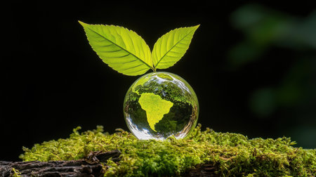 A glass sphere with a vibrant green leaf perched above symbolizes earth sustainability, showcasing nature's beauty and the importance of environmental care.の素材