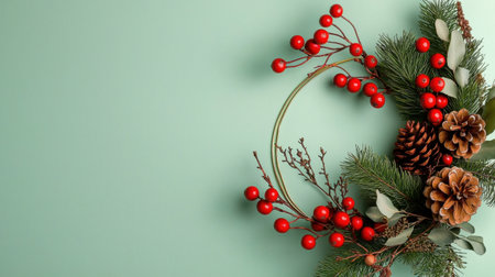 A vibrant festive holiday arrangement featuring red berries, pinecones, and greenery set against a soft green backdrop. Perfect for winter festivities.の素材