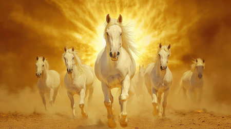 A breathtaking scene of majestic white horses galloping through golden dust under a dramatic sunset, embodying freedom and beauty within nature.の素材