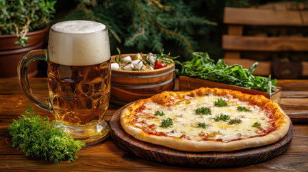 A mouthwatering pizza sits next to a frothy beer on a rustic wooden table, surrounded by fresh herbs and a vibrant culinary setting perfect for dining.の素材