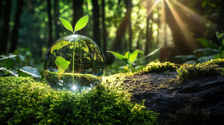 A crystal globe with a small plant sits on a moss-covered log, capturing sunlight in a serene forest. This image symbolizes growth and environmental awareness.の素材