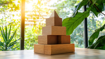 A pyramid crafted from wooden building blocks sits elegantly on a table, surrounded by greenery and natural light, creating a soothing and playful atmosphere perfect for creativity and learning.の素材