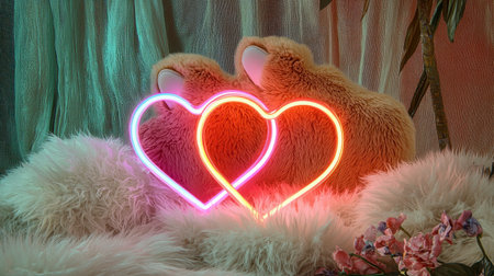 This enchanting image features two neon hearts glowing warmly against a plush background, creating a cozy and romantic atmosphere perfect for various creative projects.の素材
