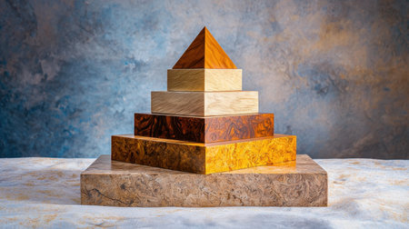 A visually striking composition featuring a pyramid made of colorful wooden blocks resting on a textured surface, perfect for artistic display or educational purposes.の素材