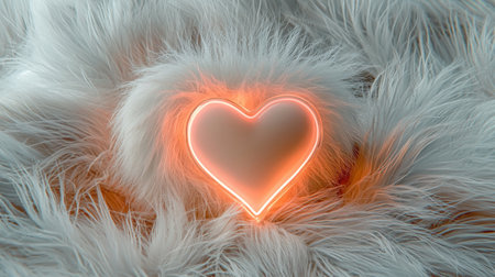 A captivating image showcasing a soft white fur texture paired with a glowing neon heart, creating a cozy and romantic ambiance perfect for various creative projects.の素材