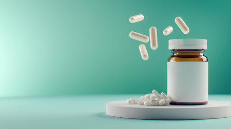 A close-up view of a glass jar filled with white capsules, floating above it. The serene soft green background contributes to a calming and modern aesthetic, ideal for health-related topics.の素材