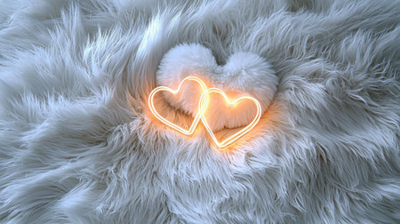 A captivating arrangement featuring plush hearts and glowing neon heart shapes on a soft fur background, perfect for expressions of love and warmth.の素材