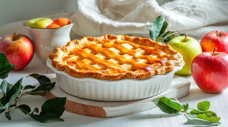 A beautifully baked apple pie with a golden lattice crust, placed on a wooden surface. Fresh apples and green leaves surround it, creating a cozy autumn ambiance.の素材