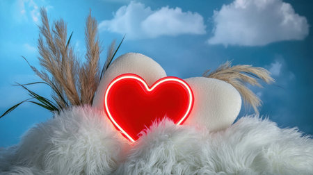 A vibrant neon heart shines on a fluffy surface, surrounded by soft clouds and pampas grass, creating a warm and romantic atmosphere ideal for decor.の素材