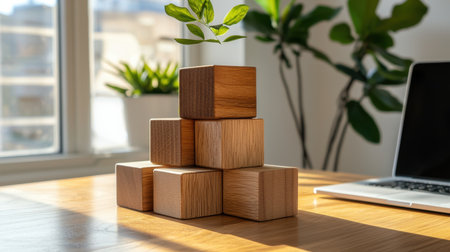 A calm workspace featuring stacked wooden blocks and a small green plant. Natural lighting enhances the minimalist design, creating an inspiring atmosphere.の素材