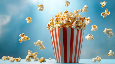 A vibrant image of a striped bucket overflowing with fresh popcorn, with kernels flying in the air. Perfect for cinema themed projects or food advertisements.の素材