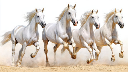 A breathtaking scene of four elegant white horses running together in a cloud of dust, showcasing their beauty, strength, and grace in a natural setting.の素材